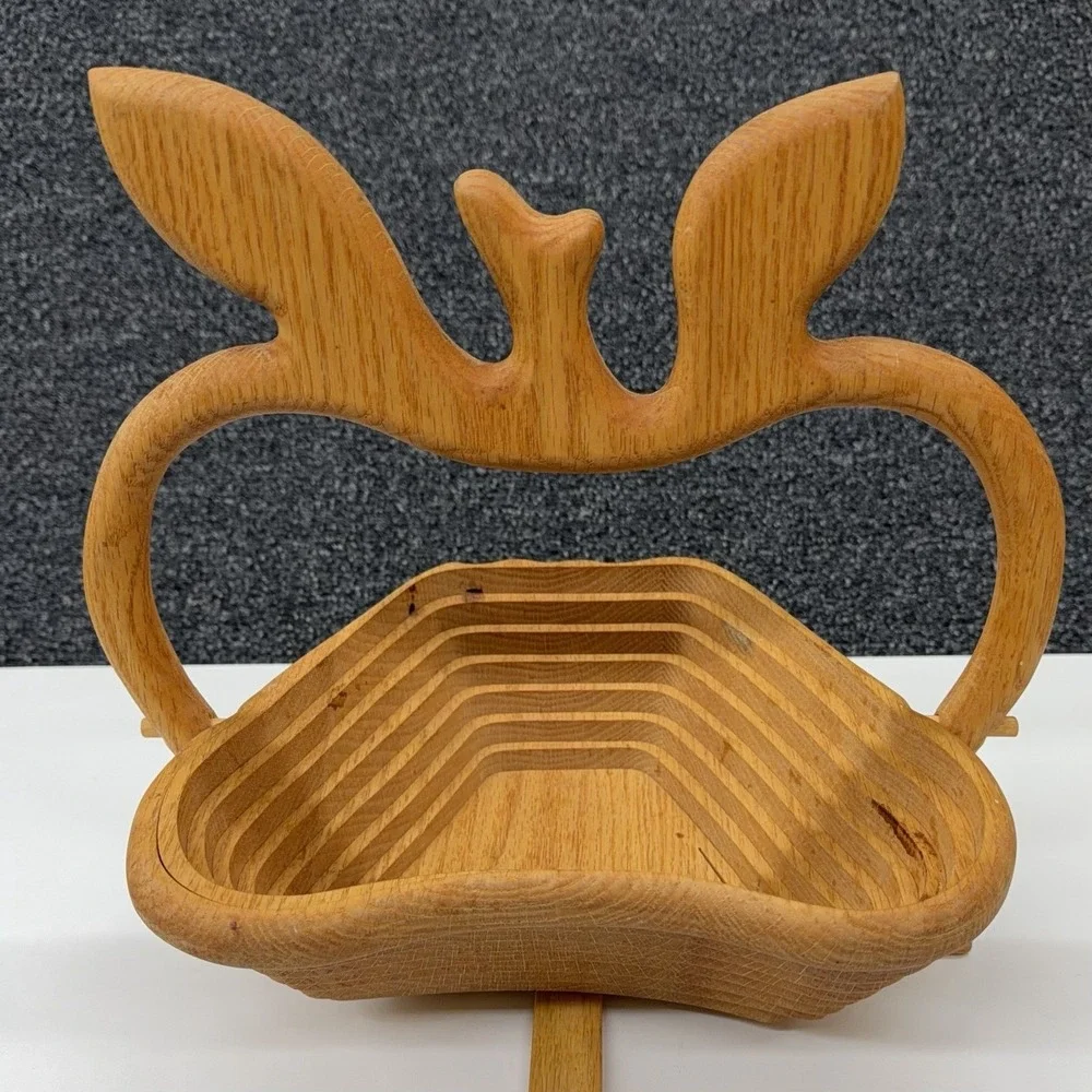 Collapsible Wooden Apple Fruit Bowl Basket Stand‎ Handle Rustic Farmhouse Decor
